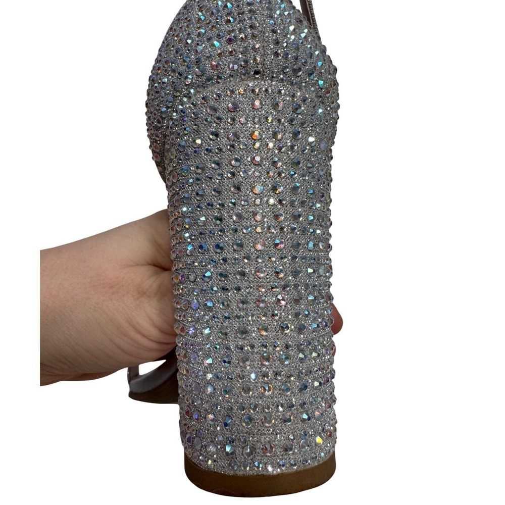 Sparkling Rhinestone Block Heels Silver Ankle Strap Square Toe Sandals 7 Prom - Picture 7 of 14